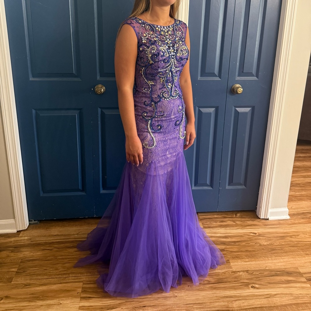 Envious Couture Purple Beaded Sleeveless Mermaid Gown Prom Pageant Size 2